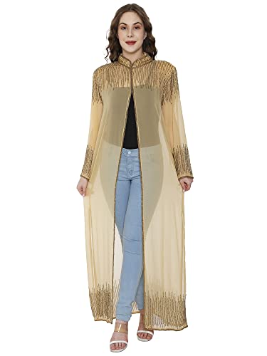 Image of Matelco Women Georgette Floor Length Hand Embroidered Embellished Longline Front Open Shrug Dress