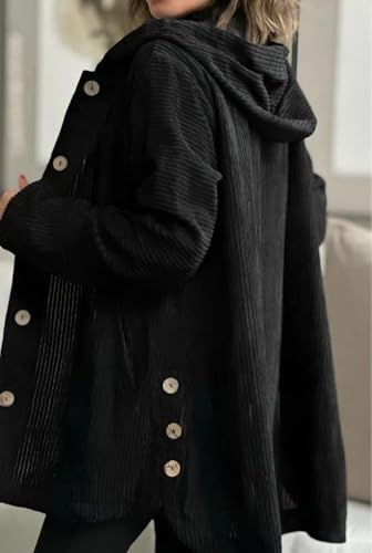 Women Corduroy Casual Jackets Long Sleeve Hooded Shirt Plus Size Button Down Shacket Jacket with Pockets3