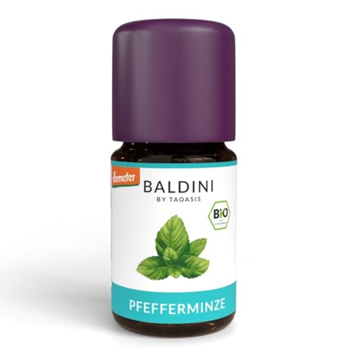 Baldini Bio-Aroma Pfefferminze – 100 % naturreines ätherisches Öl (Mentha piperita) – Demeter- und lebensmittelzertifiziert – Vielseitig einsetzbar für Küche, Duftlampe & Hautpflege – 5 ml