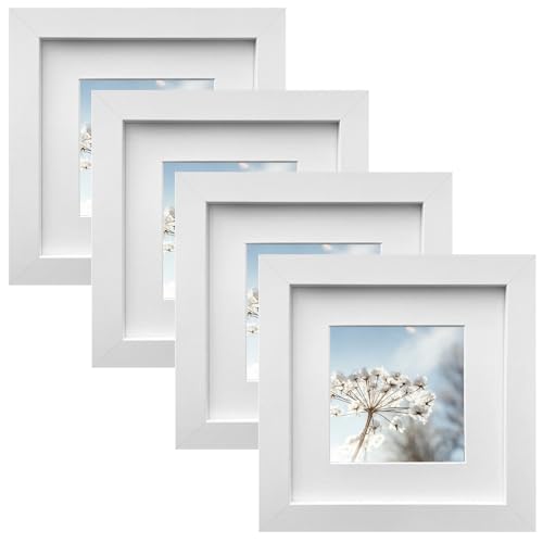 Zyiphor Juego de 4 Marcos de Fotos 15x15cm Marcos Cuadrado de Madera con Passepartu Cristal Acrilico Blanco y Color Madera Para Pared o Mesa Set Decoracion