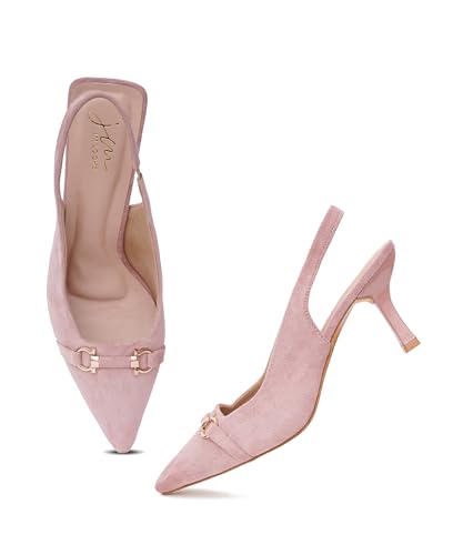 Image of JM LOOKS Women's Sophisticated Pointed Toe Slingback Kitten Heels with Metallic Buckle Accent for Professional and Evening Elegance
