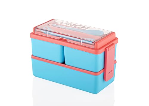 Image of 3 Section Lunch Box with Small Spoon & Fork - Leak Resistant Compartment Meal Box for Kids & Adults, Reusable Food Storage Container for School, Office & Travel (Sky Blue & Pink)