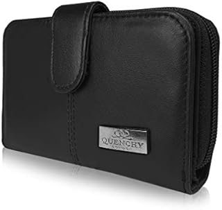 Quenchy London Real Leather Purse RFID and NFC Blocking with 2 Zipped Coin Sections, 5 Coin Trays, 6 Credit Debit Cards Spaces Slots 14cm x10 x3 QL225RFID (Black)