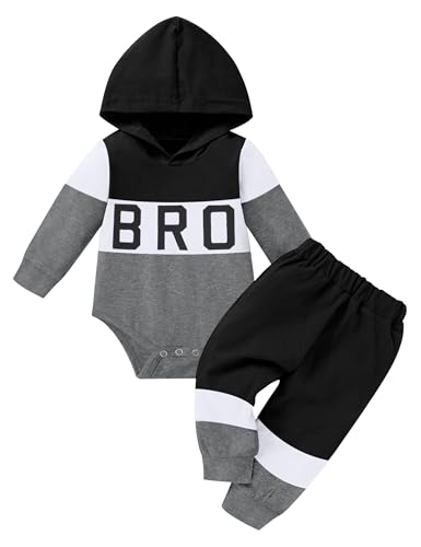 Image of Tomolant Baby Boy Clothes Long Sleeve Romper, Letter Print Hooded Sweatshirt +Patchwork Pants 2pcs Fall Winter Outfits