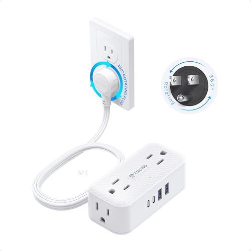 TROND 360&deg; Rotating Flat Plug Power Strip, 5FT Extension Cord with 4 USB Ports, 4 Wide Spaced AC...