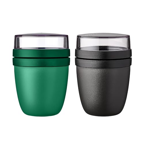 Mepal | Lunchpot Ellipse Mixed | Vivid Green + Nordic Black | Müslibecher to go | Unterteilung für Joghurt & Müsli | 500 ml + 200 ml | Geeignet für Gefrierschrank, Mikrowelle & Spülmaschine