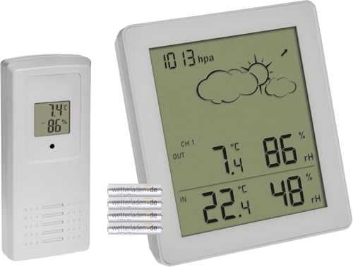 TFA Dostmann Wetterstation Funk Clear, 35.1168.02, mit Außensensor, Temperatur und Luftfeuchtigkeit innen und außen, Wettervorhersage mit Luftdruck und Symbolen, digital, kompakt (weiß mit Batterien)