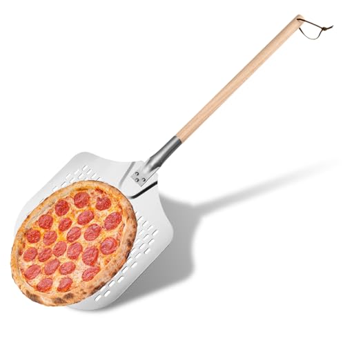 HONPHIER Pelle à Pizza 30 cm /12 Pouces Pelle Pizza perforée Aluminium avec Grande Surface et Poignée Amovible