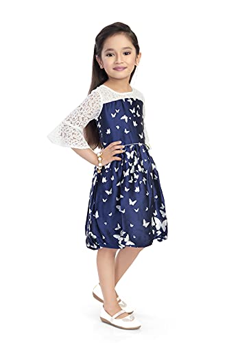 Image of Doodle Butterfly Dress for Girls | Breathable Kids Frock & Dresses | Western Frocks with Waist Band & Round Collar | Knee Length with Layered Bell Sleeves (Option Navy | Age 4 to 12 Years)
