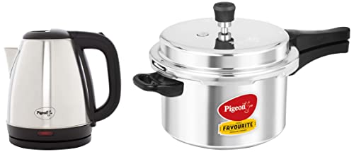 Pigeon by Stovekraft Favourite Induction Base Aluminium Pressure Cooker with Outer Lid, 5 litres, SIL & Amaze Plus 1.5 Litre Electric Kettle, Black Combo
