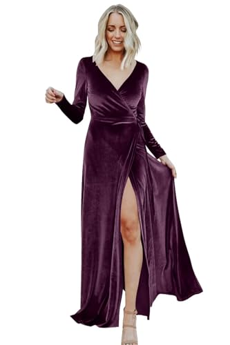 Women's V Neck Velvet Bridesmaid Dresses with Slit Long Sleeves Formal Evening Gowns