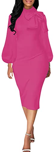 Image of Sexy Long Sleeve Dress for Women Solid Color Bow Knot Turtleneck Formal Gown Midi Casual Church Dresses
