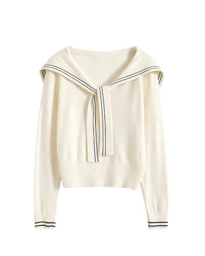 CORIRESHA Women's Sailor Collar Long Sleeved Striped Ribbed Cute Sweater