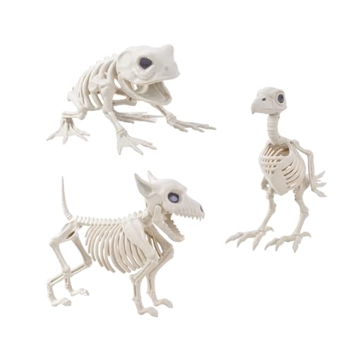 HRONG 3PCS Animal Skeleton Figurines Plastic Skeletons Dog Crow Frog Ornaments Halloween Skeleton Decorations for Home Office Desk Spooky Party Favors & Gifts for Men Women