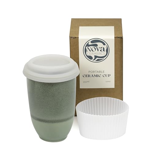Image of NOVA CERAMICS Travel Mug - Travel Coffee Tumbler - On the Go Coffee Mug - Microwave & Dishwasher Safe Green CoffeeTumbler - Gifts for Women Men Him Her - 12oz - Emerald