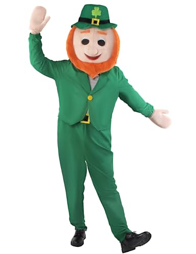 Kofero Leprechaun Costume Men St Patricks Day Mascot Onesie Jumpsuit Adult Green Lucky Charms with Head Plus Size Outfit