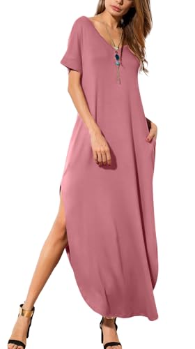 Image of GRECERELLE Women's Summer Maxi Dress Casual Loose V Neck Short Sleeve Side Split Long Dresses with Functional Pockets