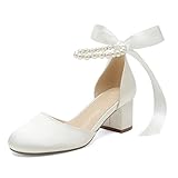 Women's Round Toe Satin Wedding Shoes Chunky Block Heels with Pearls Bridal Pumps Ankle Strap Prom Evening Party Shoes Sandal