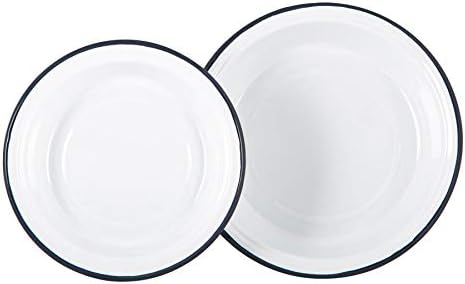 Argon Tableware 2 Piece White Enamel Deep Bowls Set - Metal Outdoor Camping Pie Oven Dishes - Navy