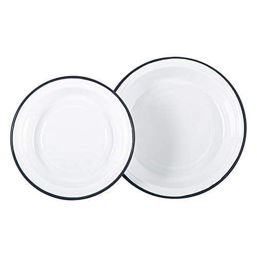 Argon Tableware White Deep Bowls - Pack of 2 - Navy Salad Bowls Metal Enamel Cereal Bowls Lightweight Camping Serving Bowls for Snacks, Pasta, Cereal, Salad