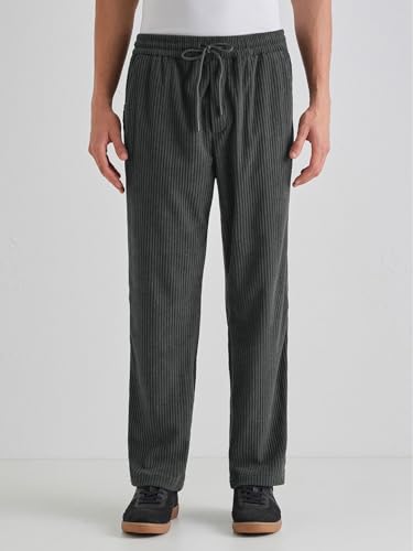 Image of Banana Club Deep Black Corduroy Pant - Regular Fit, Solid, Corduroy Casual Trousers with Textured Fabric, Comfortable Fit
