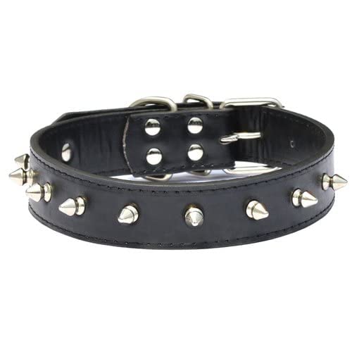 D&C Paws Leather Spiked Dog Collar, 1-Inch Adjustable Heavy Duty Studded Leather Collar for Medium & Large Dogs, Black (Pack of 1)