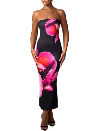 Image of Women Y2k Strapless Maxi Dress Floral Print Tube Long Dress Boho Beach Sundress Going Out Streetwear