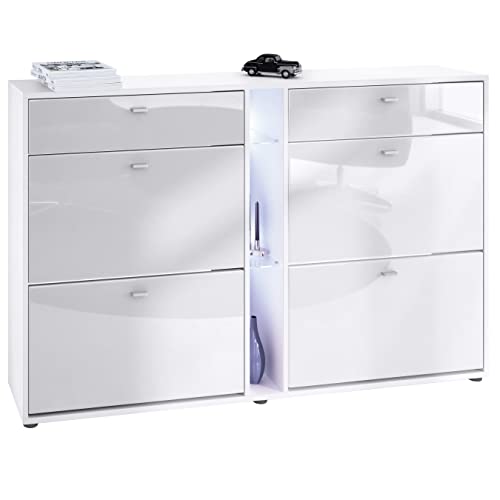 Vladon Zapatero con Solapas Today 155,5 x 95 x 28 cm, con iluminación LED en Blanco, Estructura en Blanco Mate, frentes en Blanco de Alto Brillo Cover