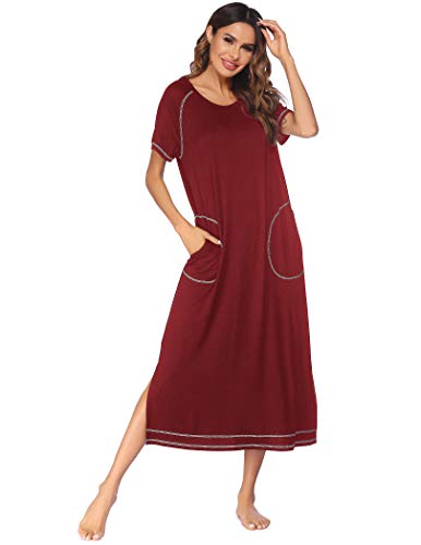 Ekouaer Long Nightgown Women's Loungewear Short Sleeve Nightshirt Sleepwear Sleep Dress with Pockets