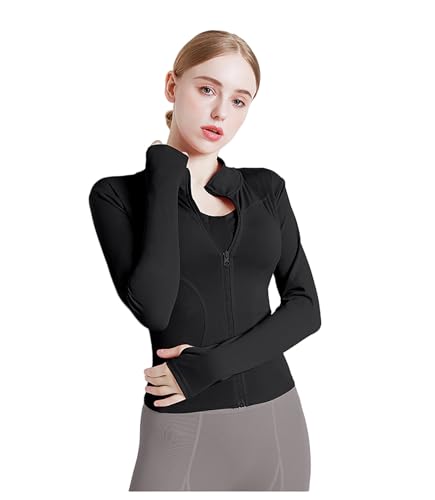 Zeagoo Sportjacke Damen Slim Fit Laufjacke Fitnessjacke Langarm Leicht Trainingsjacke mit Daumenloch Reißverschluss Stehkragen Atmungsaktiv Schnelltrocknend Gym Top Sport Oberteil Schwarz S