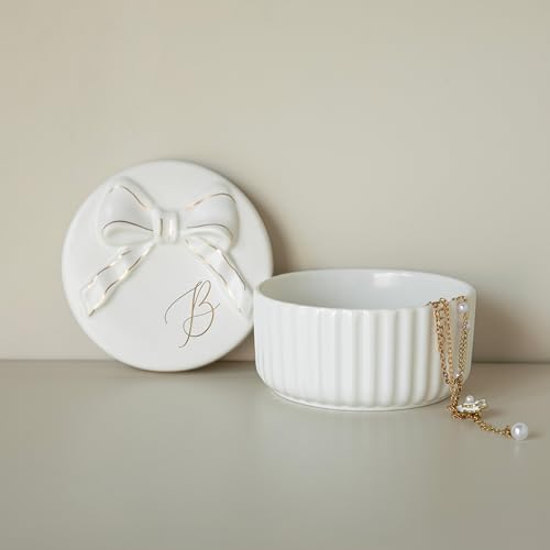 COLLECTIVE HOME Ceramic Jewelry Box with Bow, Nightstand Vanity Decor(B)