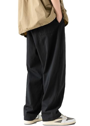 Men's Casual Cotton Pants Loose Fit Elastic Waist Drawstring Twill Straight Leg Chino Pants Tapered Trousers3