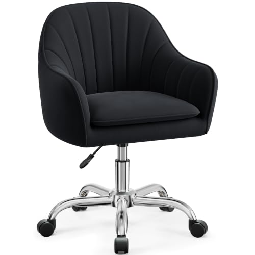 Image of Home Office Desk Chair, Vanity Chair with Wheels, Adjustable Modern Velvet Makeup Chairs for Bedroom Living Room-Black (Silver Base)