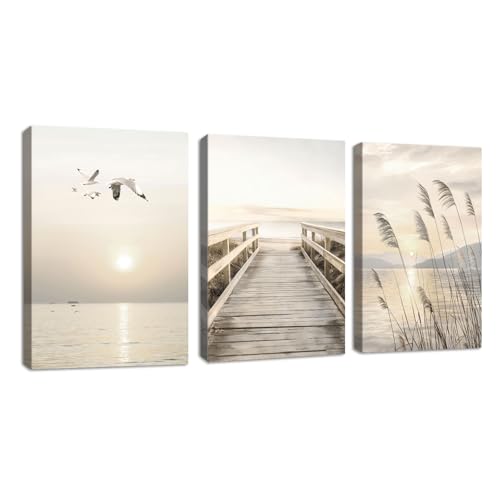 3 Pcs Beige Bord de Mer Paysage Tableau Decoration Murale Avec Cadre Coucher Doleil Mer Paysage Impression Sur Toile Roseaux Pont Mouettes Affiche Peintures Decoration...