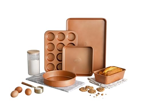 Gotham-Steel-Non-Stick-Ceramic-Bakeware-Set-5-Piece-No-Warp-Dishwasher-Safe-Baking-Set-Baking-Pans-Set-with-Round-Square-Baking-Pan-Muffin-Pan-Loaf-Pan-Baking-Sheet-for-oven-100-PFOA-Free Gotham Steel Non Stick Ceramic Bakeware Set 5 Piece No Warp Dishwasher Safe Baking Set Baking Pans Set with Round Square Baking Pan Muffin Pan Loaf Pan Baking Sheet for oven 100 PFOA Free