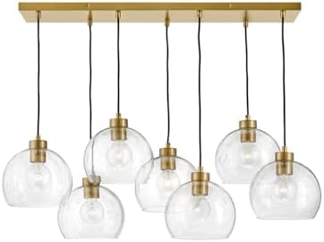 Lark Rumi 83016LCB Seven Linear Chandelier, 7 Clear Seedy Glass Orbs, Adjustable Height, Lacquered Brass