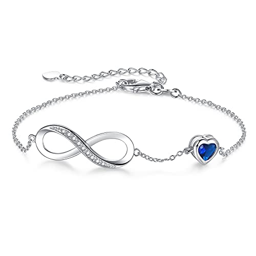 Birthstone Jewelry for Women, Silver Birth Stone Charm Bracelet Infinity with Cubic Zirconia, Adjustable Love Heart Chain Jewelry Gifts for Anniversary Christmas