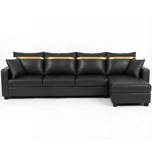 Image of FURNY Arossa 5 Seater Leatherette RHS L Shape Sofa Set (Black) Premium Finish | Durable with Comfort | Ideal for Living Room
