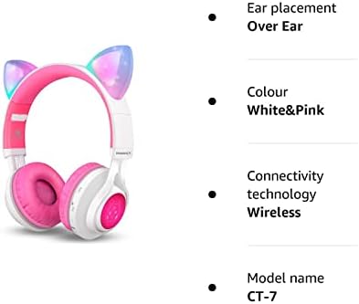 Riwbox Bluetooth Headphones, CT-7 Cat Ear LED Light Up Wireless Foldable Headphones Over Ear with Microphone and Volume Control for iPhone/iPad/Smartphones/Laptop/PC/TV (White&Pink)