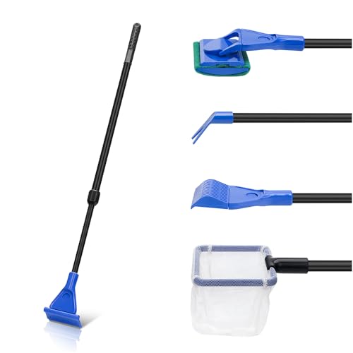 Novique 5 in 1 Fish Tank Cleaner Kit Aquarium Cleaning Tools with 22~32 Inch Extendable Non-Slip Handle Fish Tank Cleaner with Algae Scraper and Fish Net