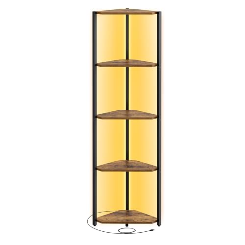 VASAGLE Étagère d'angle à 5 Niveaux, Bibliothèque avec Éclairage LED Réglable, Meuble de Rangement avec Cadre en Acier, 24,8 x 48 x 146,6 cm, pour Salon, Chambre,...