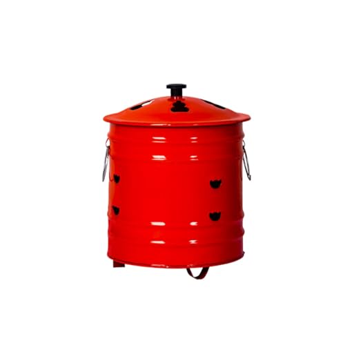 SOLLENT家庭用焼却炉 ステンレス鋼製 蓋付き 大容量 ドラム缶型 落ち葉・紙ごみ処理 三脚空気循環設計 火花防止 キャンプ 庭掃除無臭 ドラム缶焼却炉 農業用 屋外 防錆 耐熱 ハンドル付き 簡易焼却炉 防災 (直径 29cm,レッド)