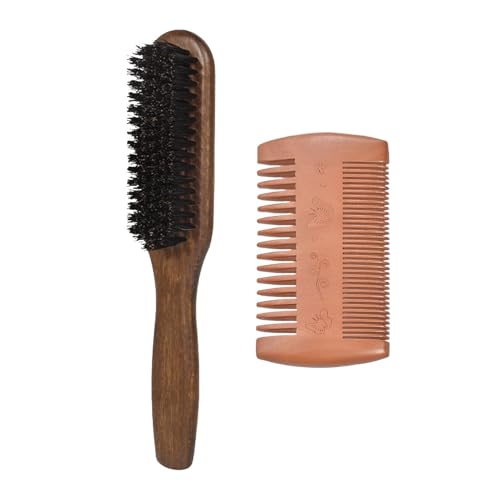 Beard Brush and 14-Tooth Comb, Real Wild Boar Bristle Walnut Wood Beard and Mustache Comb Brush for Men’s Grooming and Care
