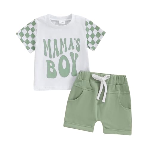 Image of FOCUSNORM Toddler Boys Summer Outfits Mamas Boy Checkerboard Short Sleeve T-Shirts Tops and Elastic Waist Shorts Clothes Sets