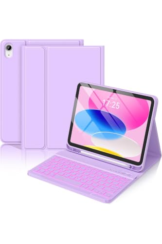 iPad A16 11. Nesil/iPad 10. Nesil 10.9 inç ile Uyumlu Bluetooth Klavyeli Tablet Kılıfı, Kalem Bölmeli, Lila