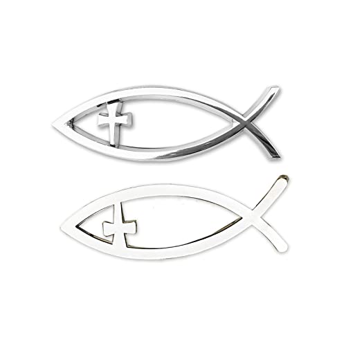 Image of Jesus Fish Christian Car Decals - Chrome Sliver Fish Emblem for Car Truck Badge Bumper Stickers (Cross)