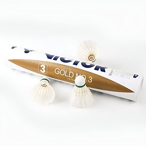 Victor Badminton Shuttlecocks Feather 12-Pack, Shuttlecock Birdies Durable Sports Training Badminton Balls for Indoor Outdoor, Gold No.3