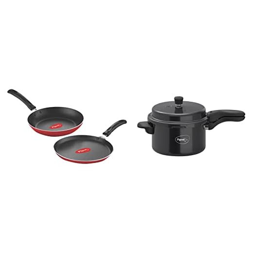 Pigeon by Stovekraft Titanium 3 Ltrs Pressure Cooker - BlacK & Pigeon Aluminium Nonstick Duo Pack Flat Tawa 250 and Fry Pan 200 Gift Set (Red)