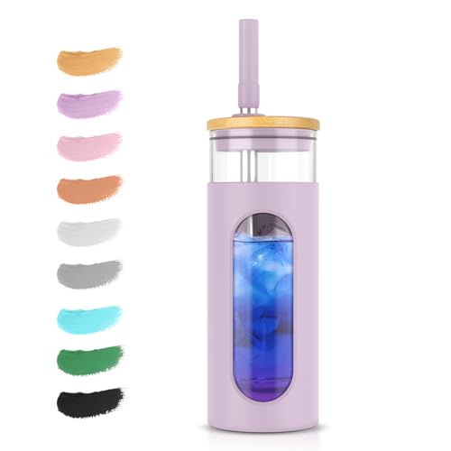 Tronco 20oz Glass Tumbler with Bamboo Lid and Straw, Reusable Iced Coffee Cup for Boba Tea, Smoothies & Cold Drinks, Spill-Proof Glass Cup with Silicone Sleeve, Dishwasher Safe, BPA-Free (Pack of 1)