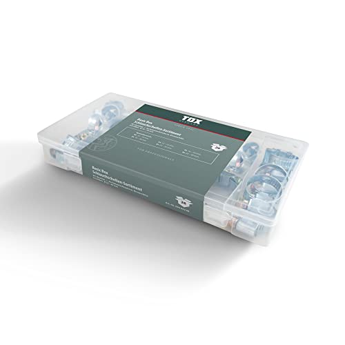TOX Surtido de abrazaderas de acero galvanizado para conexión con racores, tornillo de cabeza hexagonal con escotadura en cruz, 6 tamaños en caja de transparente, ⌀ 10-40 mm, 26 piezas, 09490208